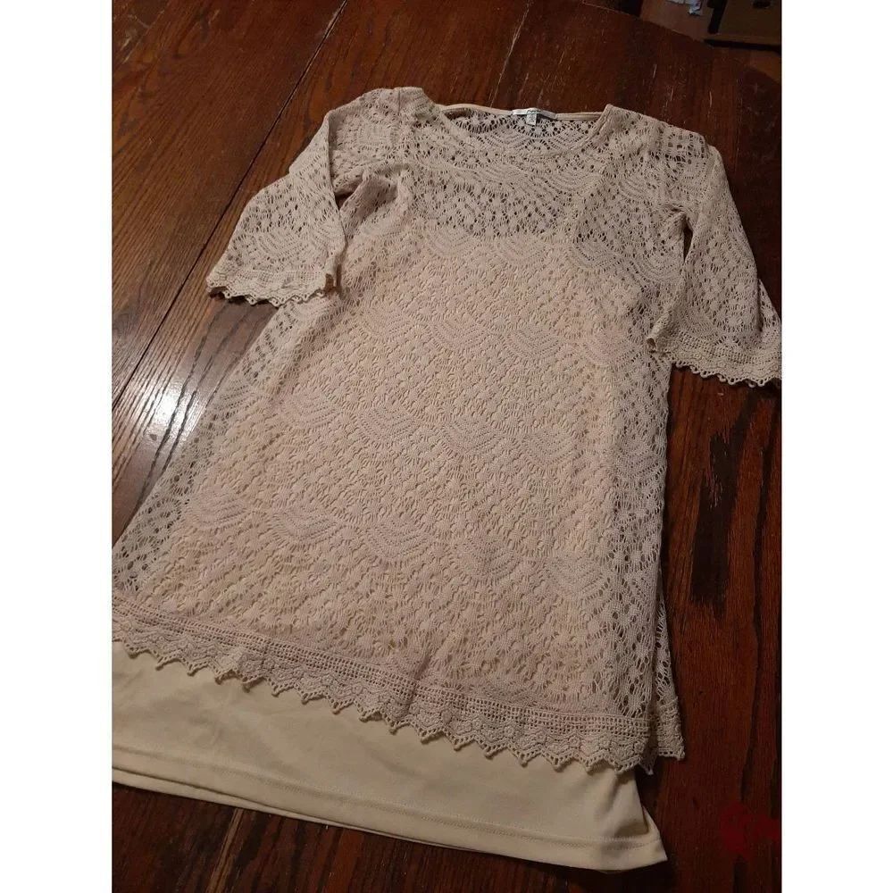 Medium Papaya Lace Overlay Mini Dress Over Spaghetti Strap Cream Khaki Dress